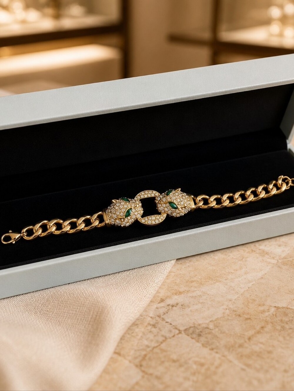 Gold Panther Chain Bracelet with Green Stone Eyes